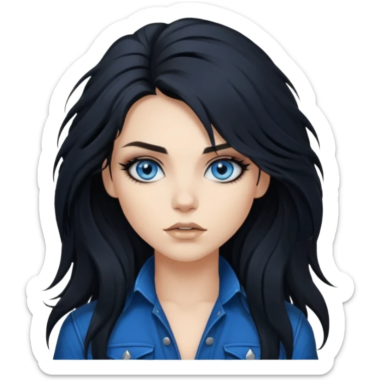 
 rockstar girl with long total black disheveled hair, blue eyes, Smokey eyes grunge makeup, rocking  sticker