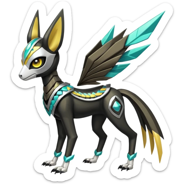 Futuristic feral quadrupedal Arrow-patterned chevron-marked Big-eyed anime-styled Colorful Shiny Tribal Skeletal masked armored Meloetta-Silvally-Solgaleo-Raikou-Pokémon-Digimon-Fakémon-fusion-hybrid-creature, full body sticker