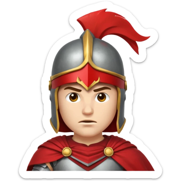 Emoji portrait of a Spartan warrior. Crested helmet, red cloak, determined expression. sticker