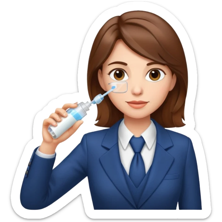 Mom with brown hair in business suit drinking milk and holding a vaccine syringe sticker