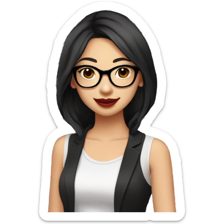Asian girl, smiling with teeth and dimples on the cheeks, fair skin, black long hair, black eyes, black glasses with gold frames, red lipstick, wearing a white lace tank top and a black office jacket on top, with pink and red roses around her, chibi. sticker