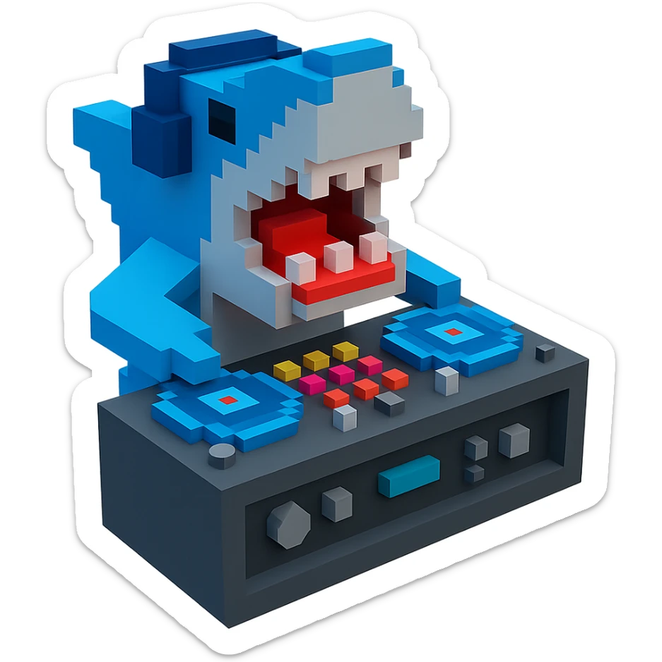voxel style shark with dj set, open mouth, blocky, blue and silver, no background sticker