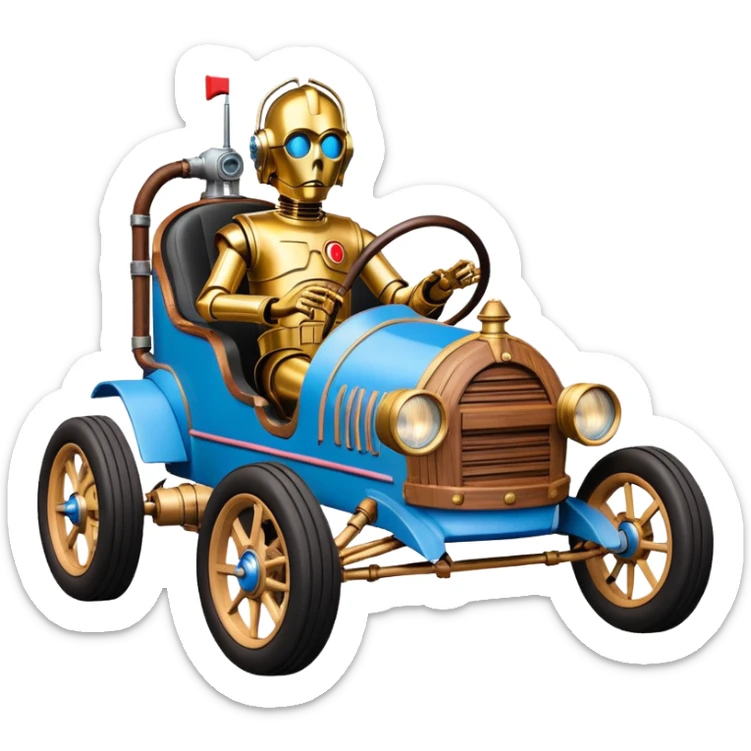  tarnished blue neon underglow C-3PO ghost buster 1927 delicately ornate rosegold wood barrel accents Model-T bucket efficiently powered by electric motors and batteries with racing safety belts while flying rapidly roughening terrain stable on strong agile advanced suspension and steering sticker