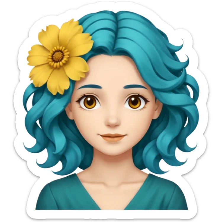 A woman with wavy teal-blue hair styled in loose curls. Her hair is adorned with large golden-yellow flower petals She has soft brown eyes, smooth skin, and a small friendly smile on her face. sticker