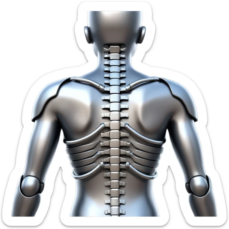 3D render of Exoskeleton Spine, futuristic cyborg aesthetic, fusion of organic skin and chrome metal, chrome metal vertebrae on a human back, emoji style, isolated on white background --v 6.0. sticker
