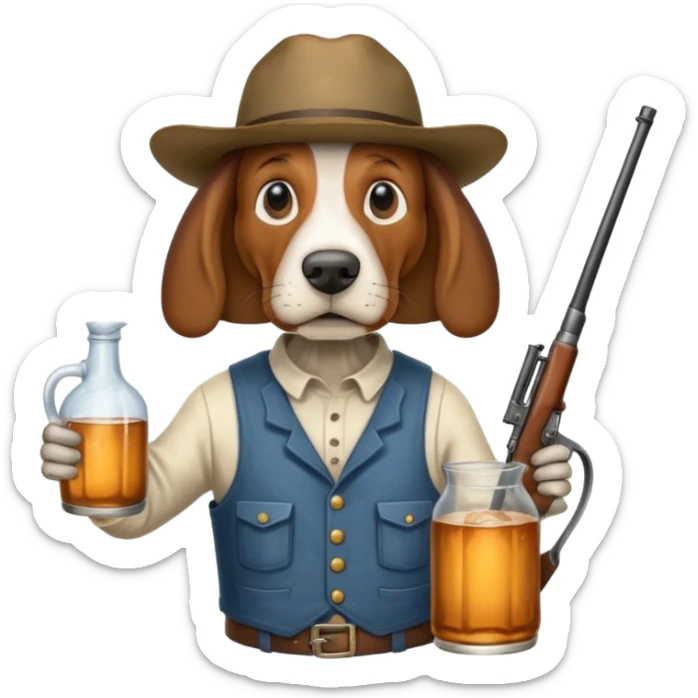 hillbilly basset hound head body of  man with moonshine and gun emoji sticker