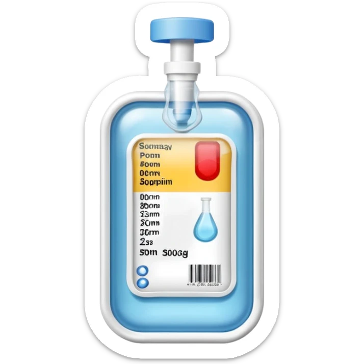 Hospital Intravenous fluid bag, 2 ports on the bottom side of bag, and is filled with 500ml, pharmacy label sticker