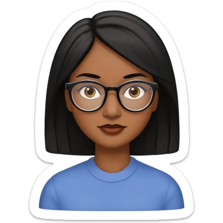 A 30 year woman emoji with medium-dark skin, straight shoulder-length black hair parted to the side, an oval-shaped face, arched dark eyebrows, large brown eyes with glasses, a small nose, and natural-toned lips. sticker
