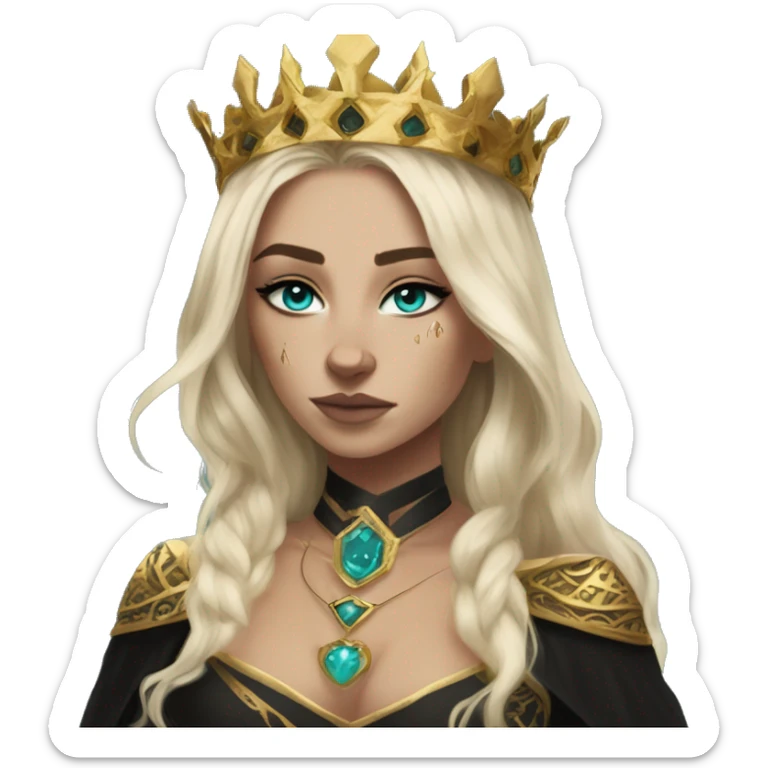 Aelin has white or golden blonde hair, turquoise eyes with a gold ring around the pupil, and tattoos and scars. Wearing a black and gold gown with a crown made of fire sticker