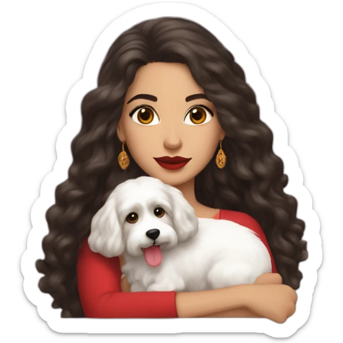 young moroccan woman with dark brown eyes, dark long curling hair, red lips, 2000's outfit and a white cotton of tulear dog on her laps sticker