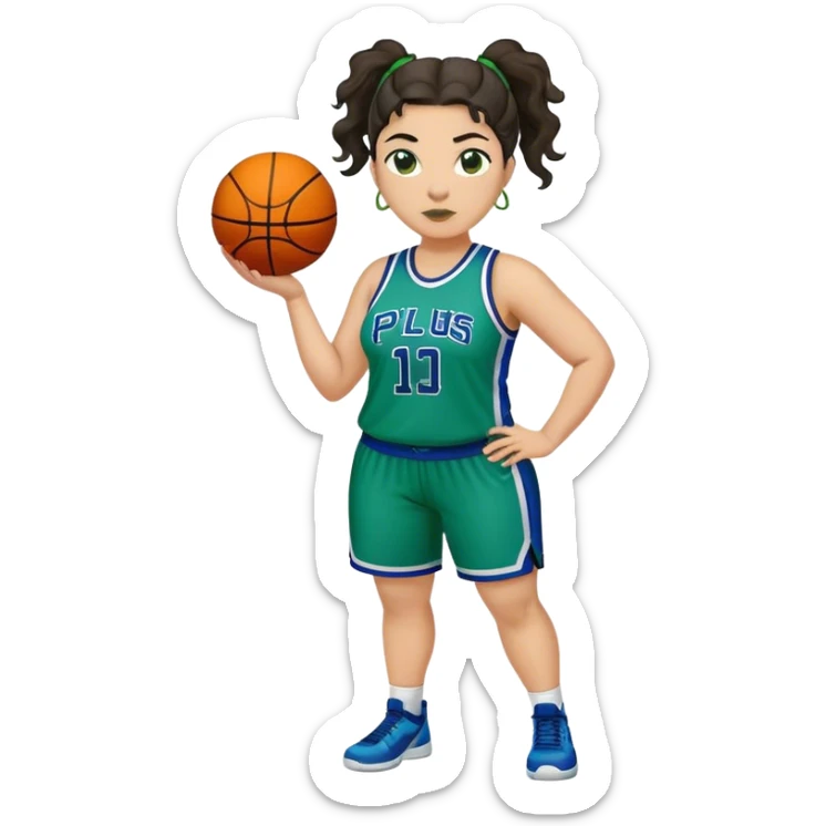 full body plus size light skin latino women basketball player with wavy dark hair in pony tail wide nose wearing blue green  uniform sticker