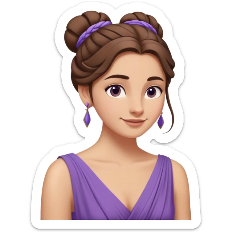 Femme aux longs cheveux bruns relevés en chignon lâche, robe violette fluide inspirée de la Grèce antique, regard en coin et sourire malicieux, style animation Disney sticker