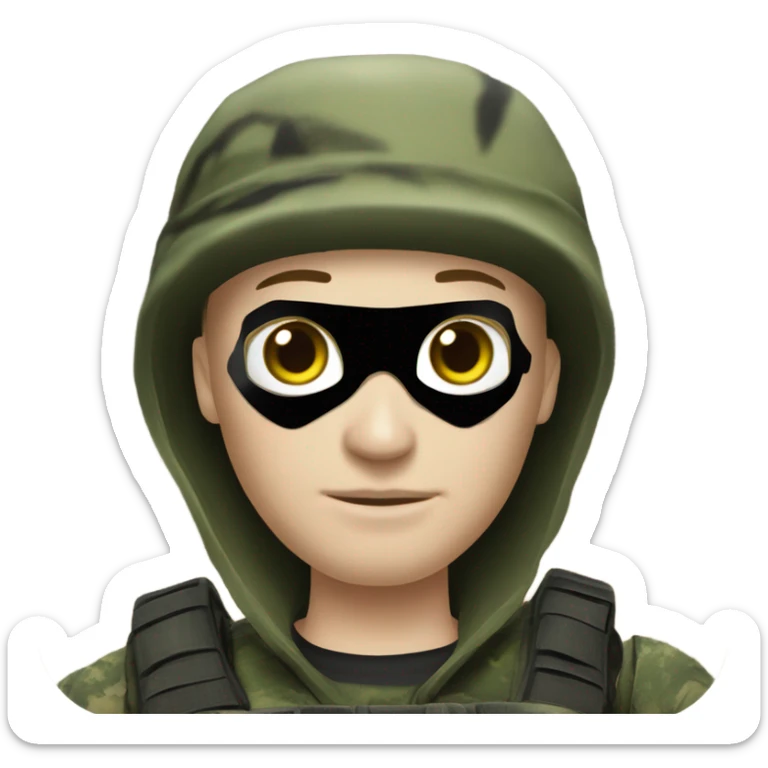 white male, pale skin, call of duty black mask, green camo tactical gear, combat boots, black beanie, hazel eyes sticker