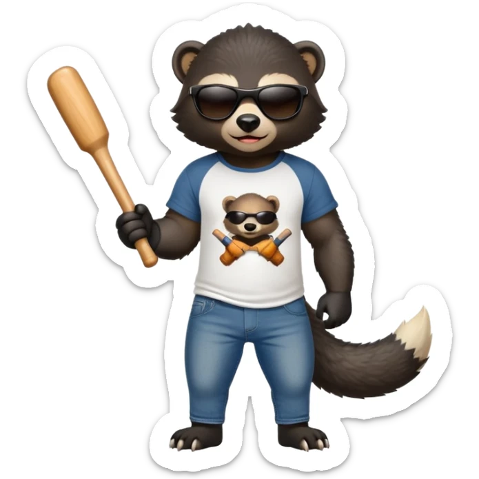 mischievous anthropomorphised honey badger in jeans and a t-shirt, wearing sunglasses, holding a baseball bat over shoulder sticker