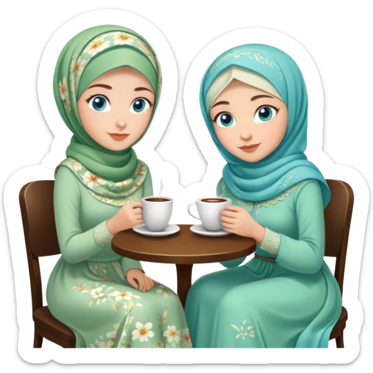 Turkish beautiful finish Konya girls blue eyes with Beautiful light green floral hijab long tail dress and the two friends in a white lovely coffeehouse sits on the chair on the ground and holds cup coffe with her hand  sticker