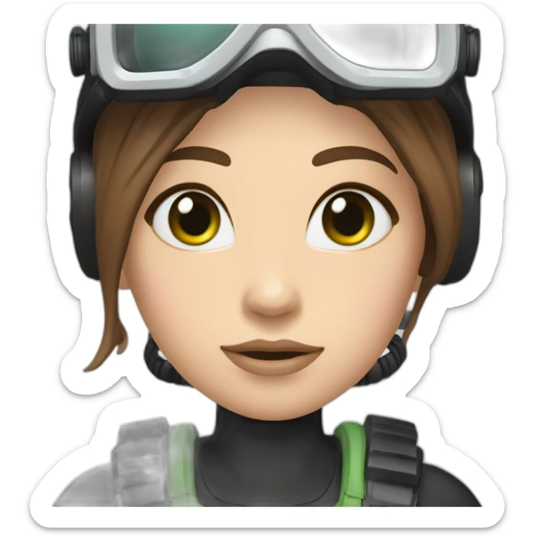 woman with underwater scubadiver gear green eyes, large and straight brown hair, pink diving underwater black suit gear sticker