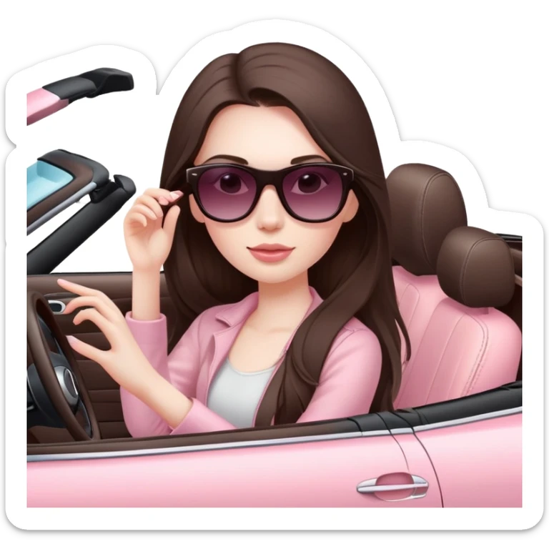 girl with long dark brown hair and pale skin wearing sunglasses driving convertible car with light pink interior sticker