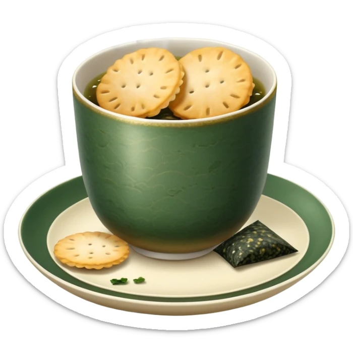 Japanese senbei rice cracker wrapped with sheet of nori seaweed, traditional snack served with green tea sticker