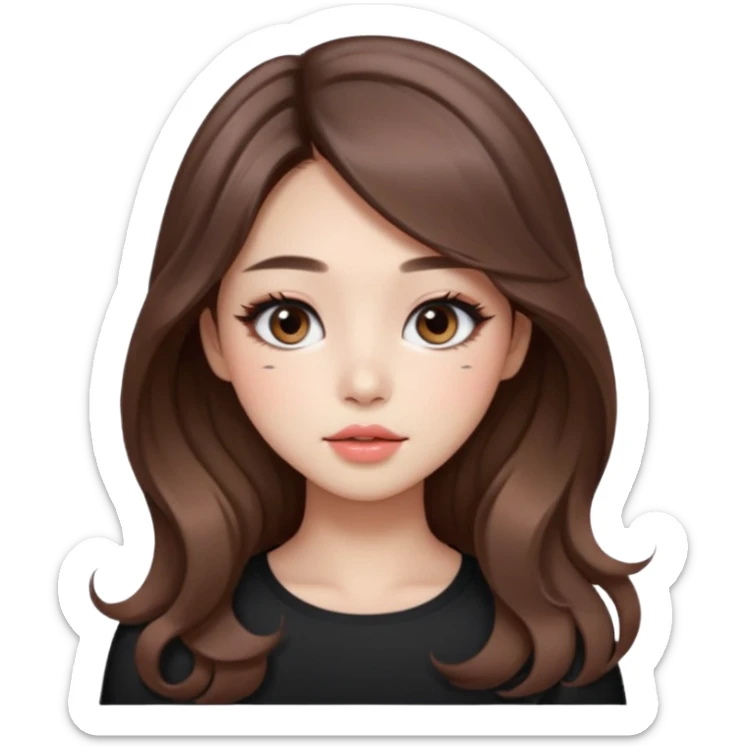 “korean straight brown hair Emoji girl, soft eyeliner and blush, gradient lips, light brown shimmer eyeshadow, long wavy hair,  sticker