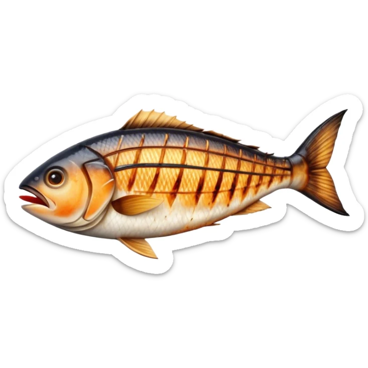 Cinematic Realistic Gradele (Grilled Fish) Dish Emoji, depicted as perfectly grilled fish with a smoky, charred finish rendered with lifelike detail and appetizing, natural lighting. sticker