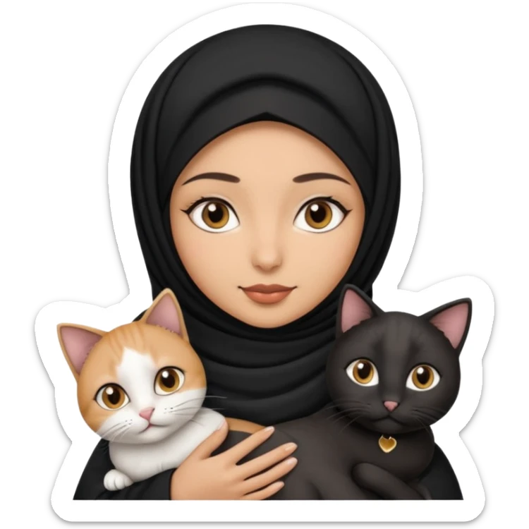 A Arabic woman human with brown eyes and black hijab. , the human is a human, she carry two cat is black and white and the other cath is black and white,,  NO EARS ON THE HUMAN ,  sticker