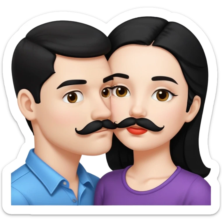 White boy with black mustache kissing white girl with black hair sticker