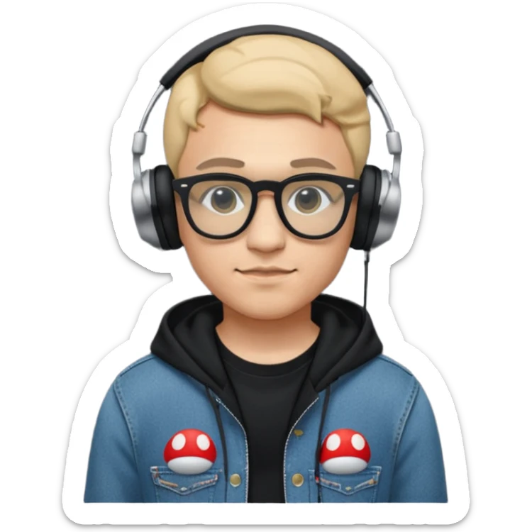 chico vestido de negro con audífonos Sony, gafas ray-ban, sudadera con logotipo de super Mario, jeans Levis y converse negros sticker