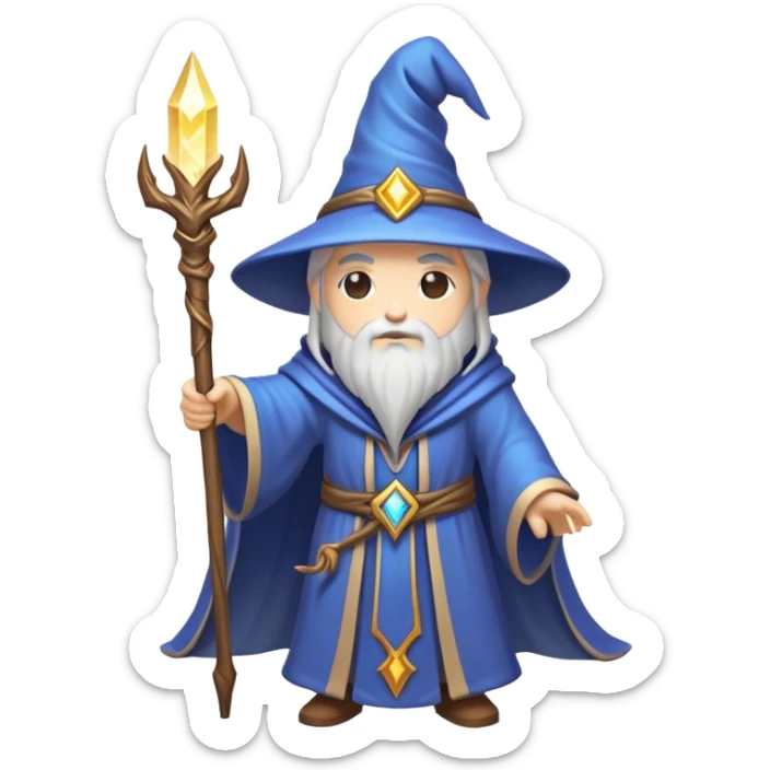 Clash of Clans aesthetic: Cinematic heroic powerful Wizard Hero Emoji, rendered in a 3D vector-style similar to standard emojis with minimal shading and bold, simplified shapes. A compact, isometric figure draped in flowing enchanted robes and wielding a mystical staff, softly glowing with an arcane magical charm. Simplified yet unmistakably iconic, highly detailed and consistent, glowing with a soft radiant glow and high shine. Stylized with a touch of whimsical sorcery and a soft glowing outline, capturing the essence of a powerful wizard ready to cast spells with a friendly, playful spirit! sticker