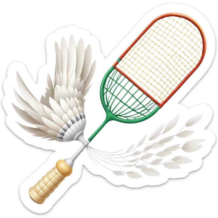 A shuttlecock mid-air above a badminton court, with its feathers spread wide and the background showing a faint outline of a net. The image emphasizes motion and lightness, symbolizing the speed and precision of the sport without players in sight sticker