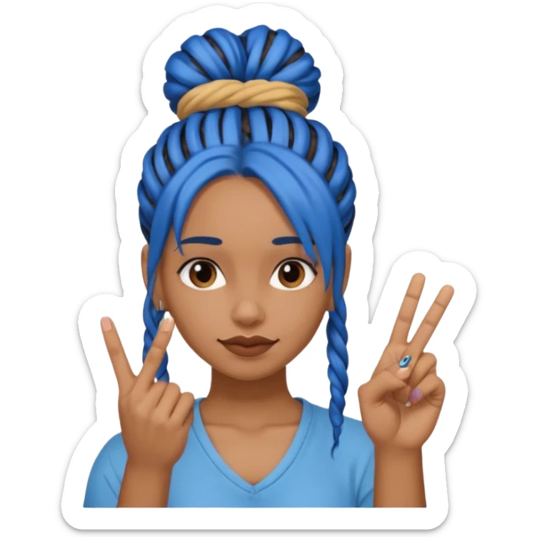brown girl with blue dreads in a bun, giving peace sign with middle finger sticker