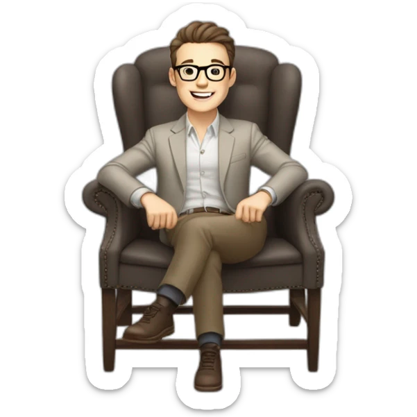 Joyful thrumb up Pale skinned Fit Man With dark brown hair in gray jacket, beige office shirt, Brown pants and vintage glasses sitting In a soft chair sticker