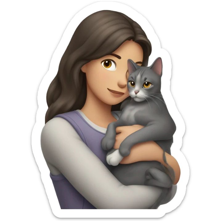 Three-colored gray cat in the arms of a brunette girl sticker