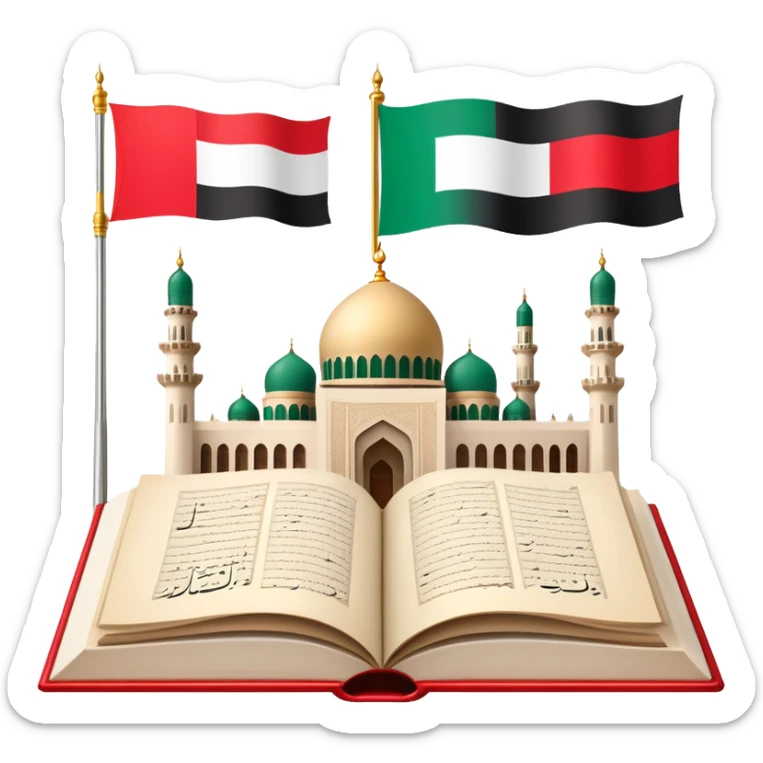 An icon featuring the mosque and the big flag of United Arab Emirates, symbolizing the Arabic language. The design includes an open book with Arabic script and calligraphy, representing language learning and cultural heritage. Transparent background sticker