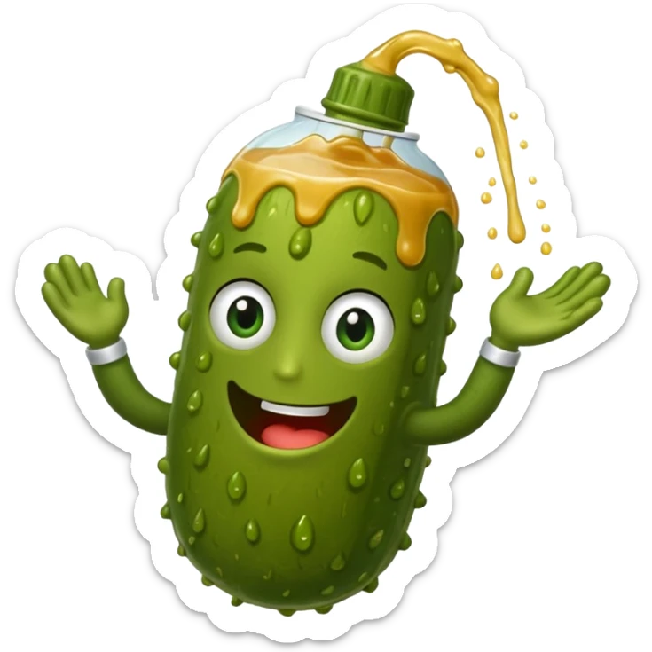 a cartoon pickle with juice squirting from the top of it, being squeezed by a hand sticker