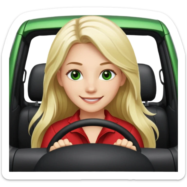 A Sideview of A Smiling Green Eyed, Long Haired Blonde driving a RED NISSAN ROGUE SUV sticker