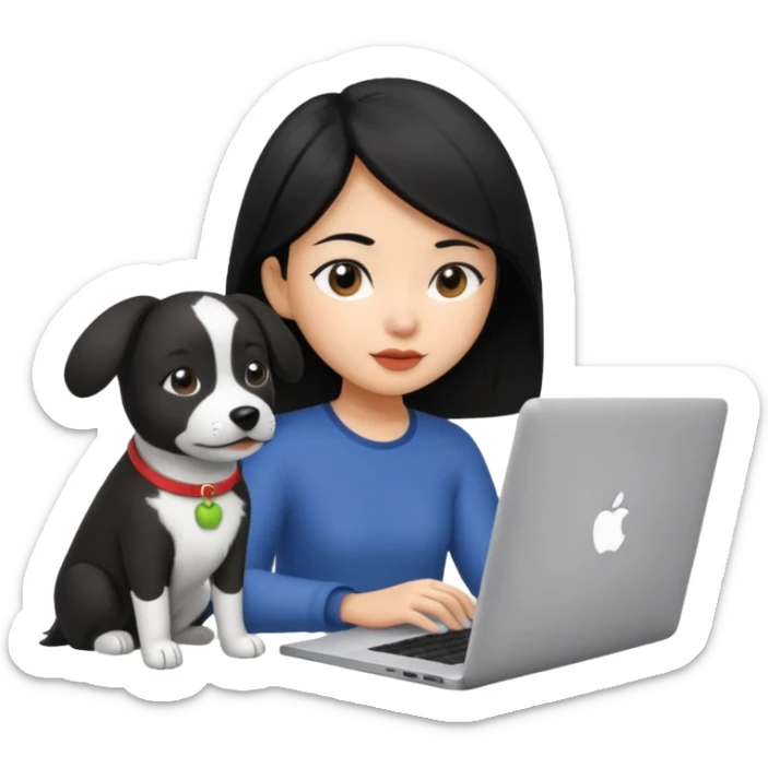 Asian girl with black hair working on an Apple laptop, next to her is a black and white dog sticker
