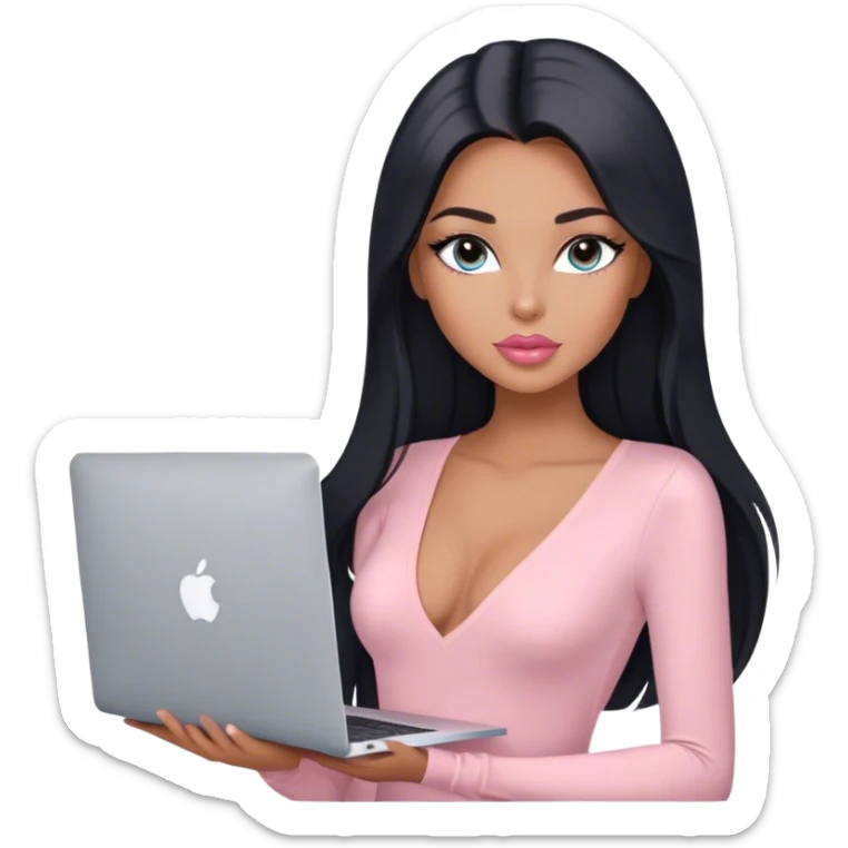 Glamours, tanned, very beautiful girl, with big pump peach-beige-rose lips, long lashes, black straight smooth silky long hair, straight parting hair, blue-grey eyes, in light-pink v-neck bodysuit holding MacBook sticker