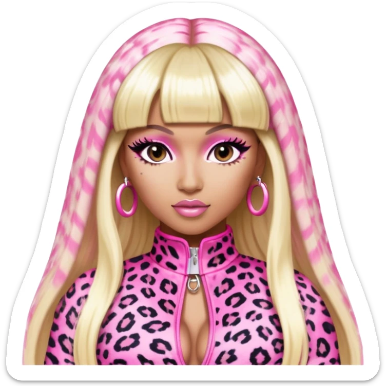 Nicki Minaj in pink and white leopard print outfit from Super Bass music video with bangs and split-dyed hair blonde on left side pink on right side sticker