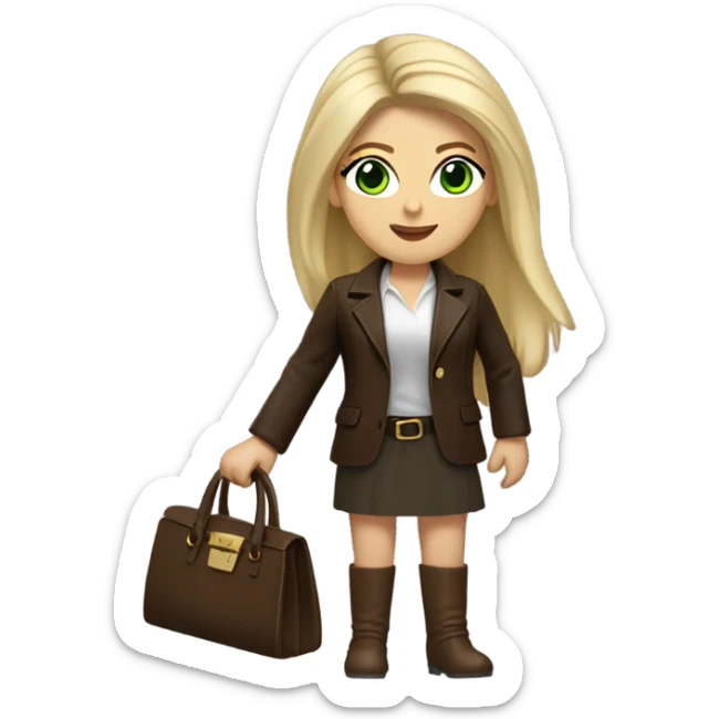 Realistic White woman with Long straight blonde hair and green eyes, dark Brown oversize leather blazer, mini skirt and Brown heeled leather boots, holding handbag sticker