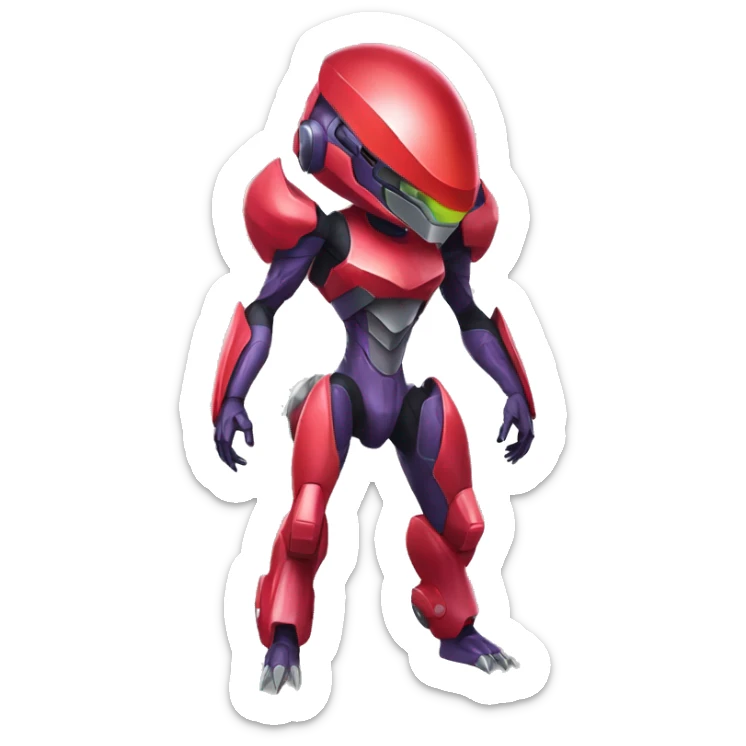 a shiny red Genesect-Raptor-Fakémon—hybrid with a futuristic visor-helmet full body sticker