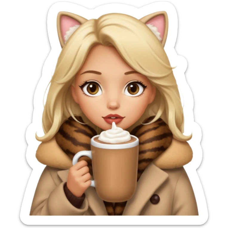 Tanned Girl with lashes , blonde hair, in an extremely big fluffy oversized coat and hold hot chocolate drink and big cat eyes, big lip sticker