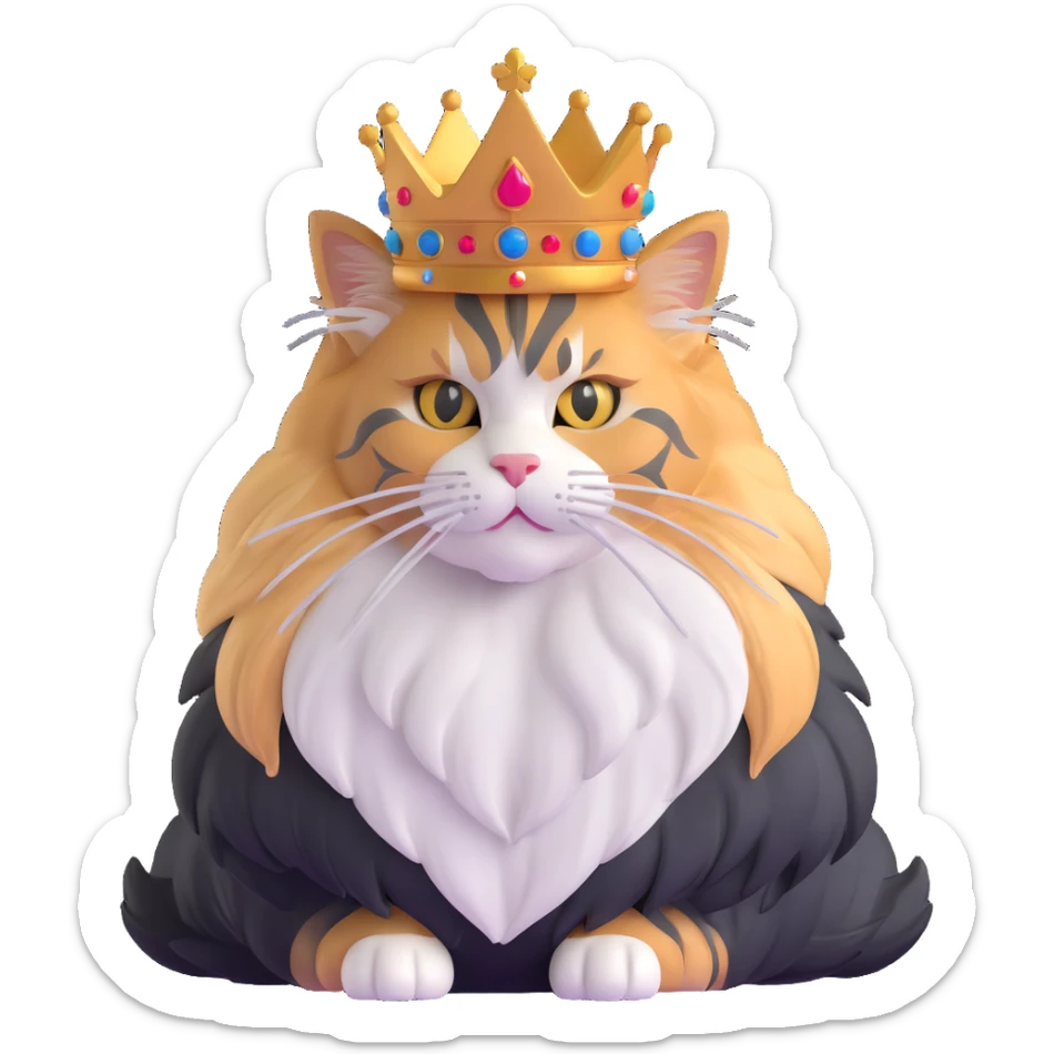 majestic calico maine coon cat with fluffy mane wearing a royal crown sticker