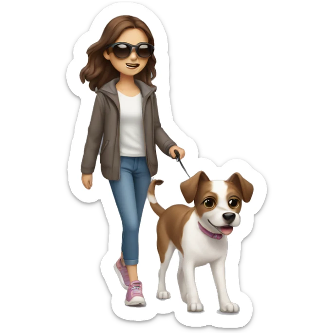 girl with brown hair with sunglasses taking her cute dog for a walk sticker