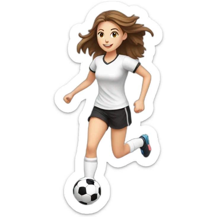 Caucasian girl with brown long hair running with a soccer ball wearing White short and black shorts sticker