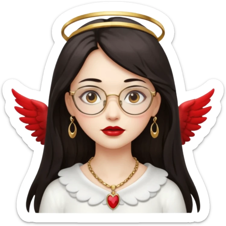 Angel girl with eyeglasses and long dark hair with red lipstick  and push gold necklaces and dark eyes with withe wings sticker