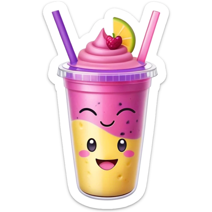 Cute Kawaii Smoothie Cup, filled with blended fruity goodness, a smiling face with excited eyes, bright colorful layers of pink, yellow, and purple, topped with a straw and tiny fruit slices! sticker