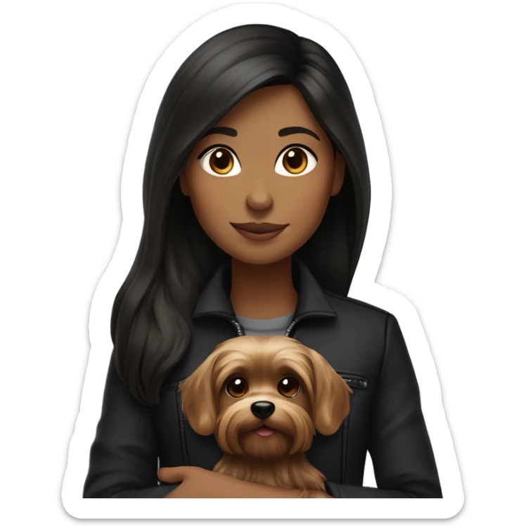 a slightly dark-skinned brunette girl with long hair in a black jacket, in her arms she holds a Yorkshire terrier puppy sticker