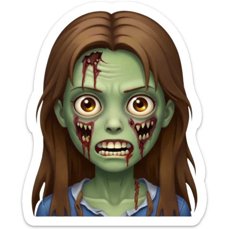 Girl zombie with brown long hair with teeth and serious face IOS style sticker