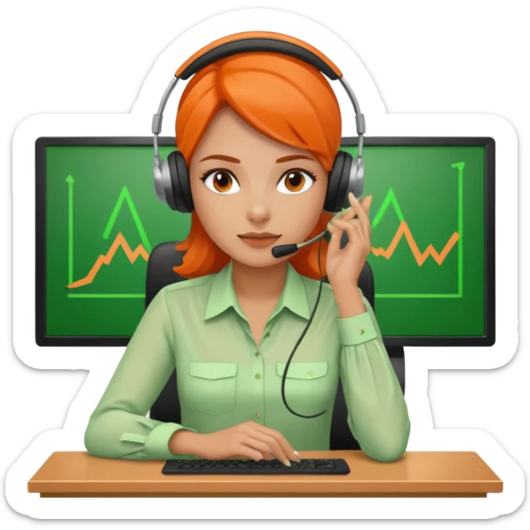 a woman sitting in the office, wearing a blouse and a headset. she is controling the limits on screen. green = ok, orange = am Limit, rot = überschritten sticker