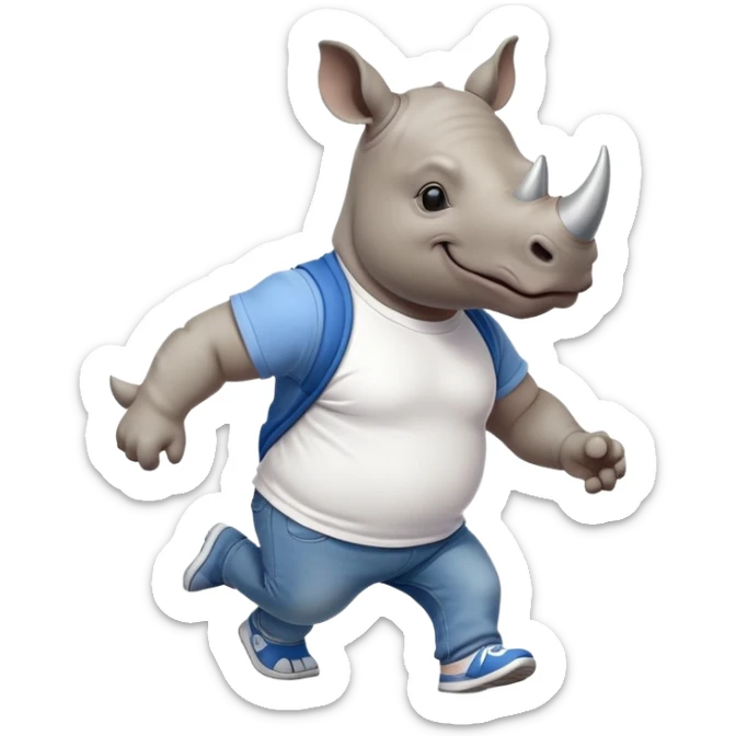 friendly anthropomorphised rhino in jeans and t-shirt, wearing dark sunglasses, jogging upright, standard pose sticker